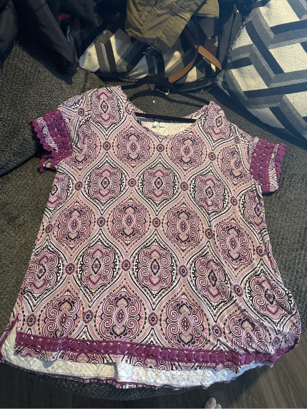 Purple Patterned Short Sleeve Blouse